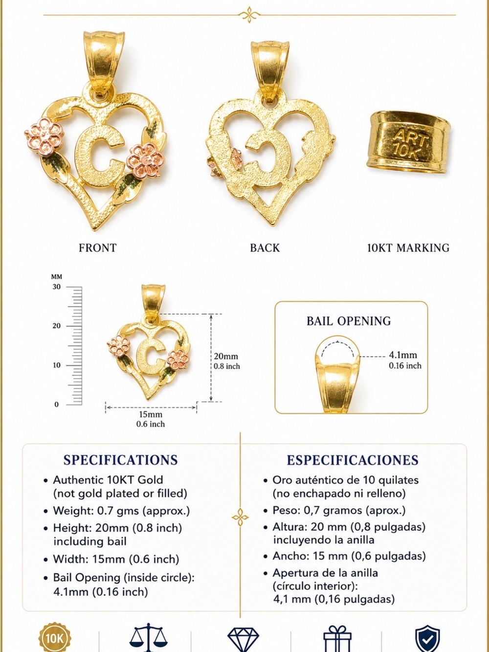 10KT Gold Heart Initial 'G' Pendant with Pink Flower Accents